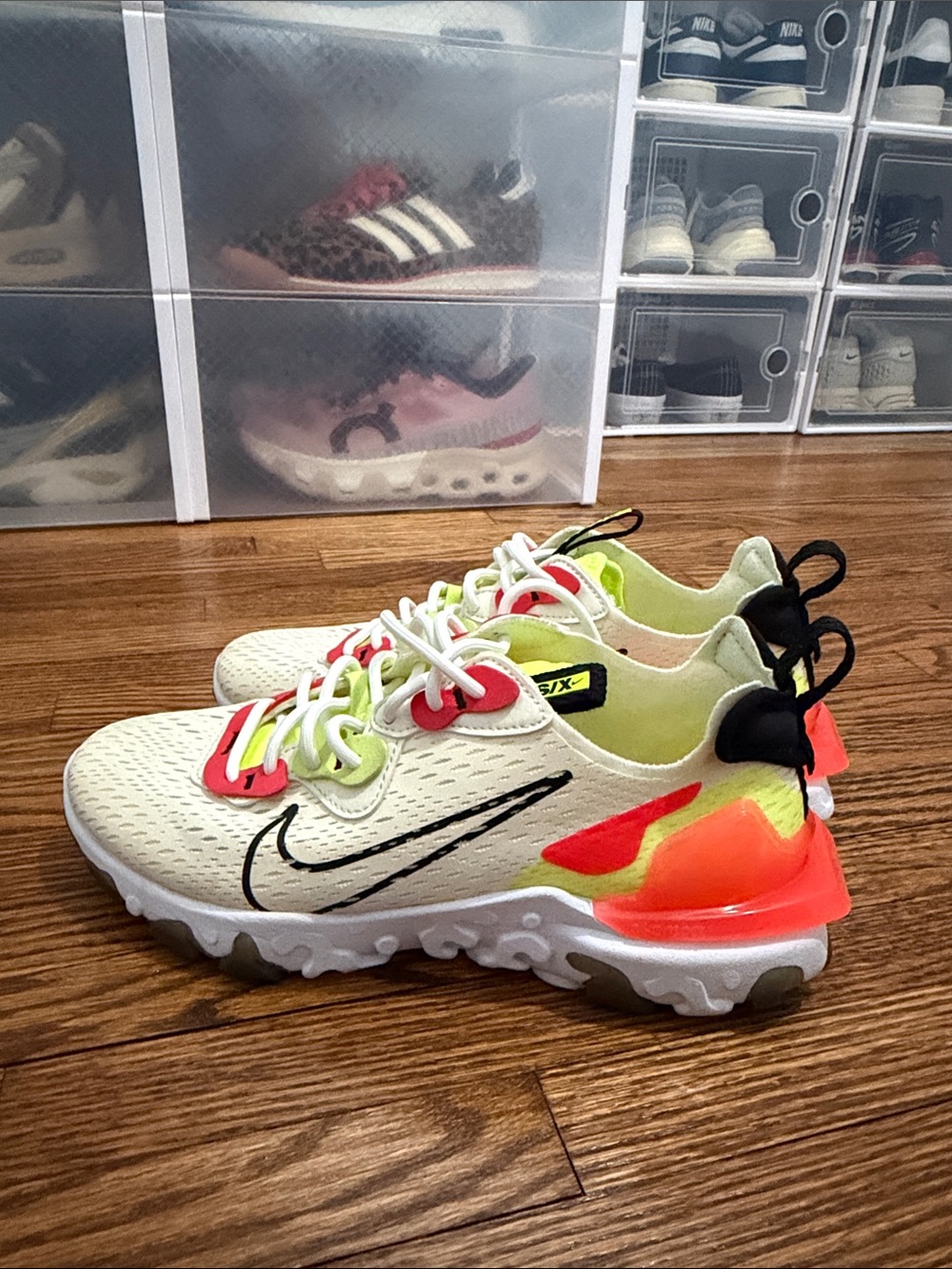Nike Kids Sneakers in Cream with Neon Yellow & Bright Coral Accents